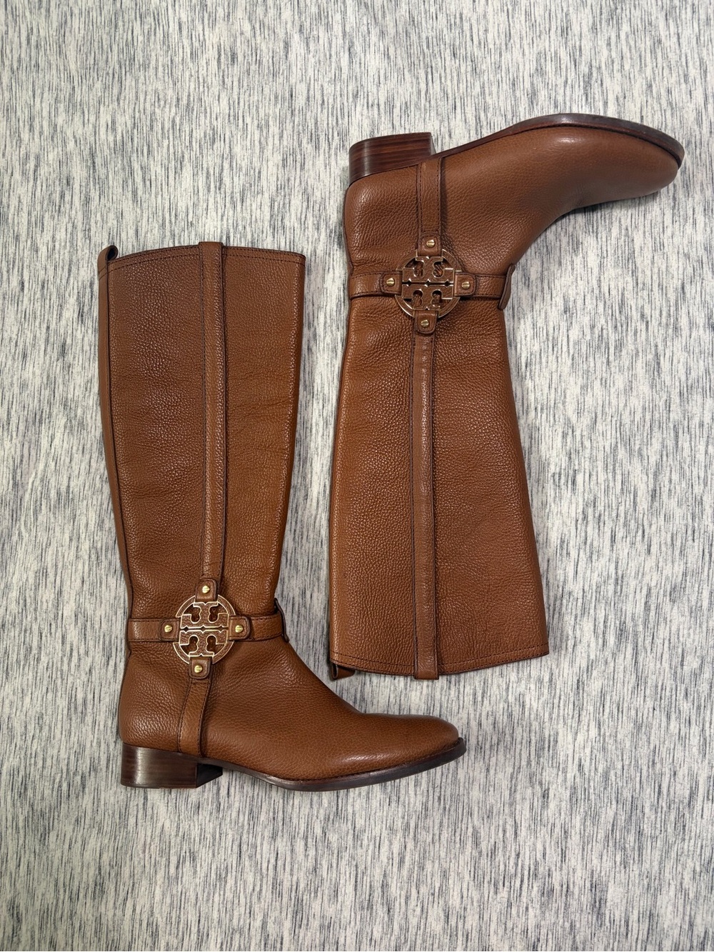 Tory Burch Amanda Brown Pebbled Leather Tall Riding Boots with Logo Medallion
